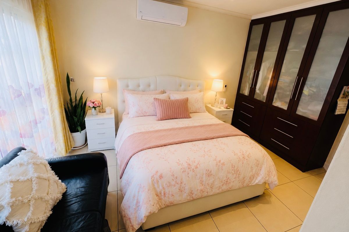A well-maintained bedroom featuring tiled flooring, a large built-in wardrobe, and a wall-mounted split-system air conditioner.