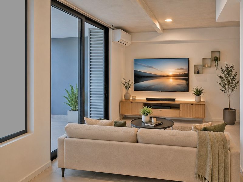 Modern living room featuring tiled flooring, recessed lighting, a wall-mounted air conditioner, and large sliding glass doors leading to an outdoor balcony.