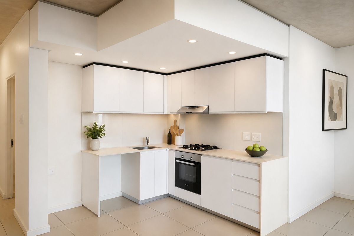 Modern, compact kitchen featuring white cabinetry, integrated gas hob, built-in oven, extractor fan, and neutral tiled flooring with recessed lighting.
