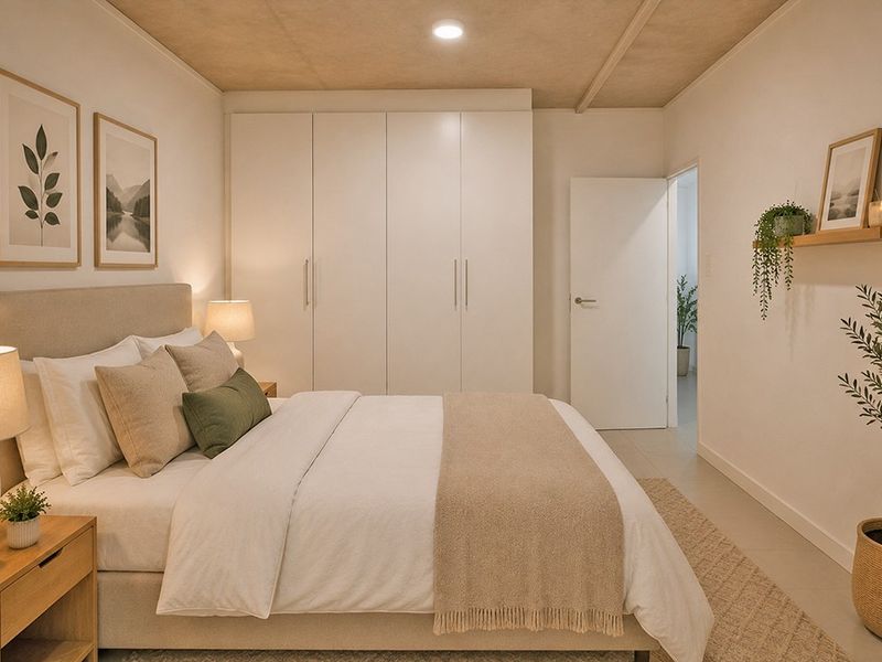 A well-maintained bedroom featuring built-in wardrobes, recessed ceiling lighting, and neutral tiled flooring, creating a clean and modern living space.