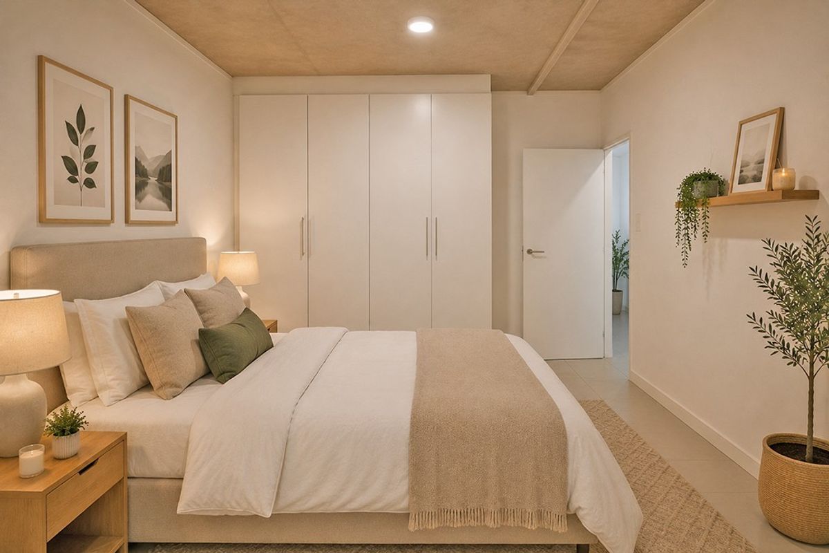 A well-maintained bedroom featuring built-in wardrobes, recessed ceiling lighting, and neutral tiled flooring, creating a clean and modern living space.