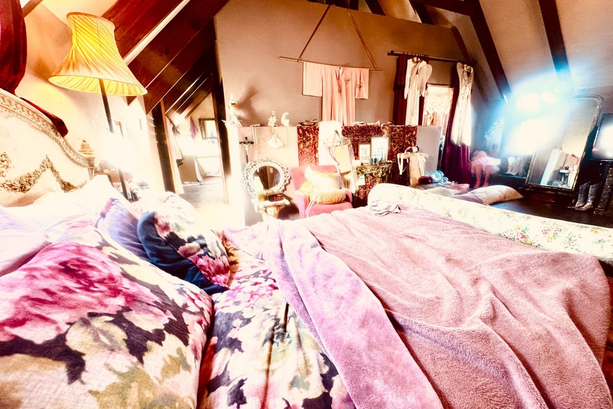 Spacious bedroom featuring a vaulted ceiling with exposed timber rafters, creating a unique architectural character in this attic-style living space.