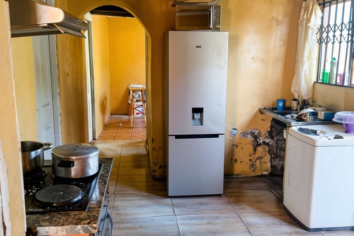 A dated kitchen featuring tiled floors, a timber ceiling, and built-in cooking appliances, currently showing significant wall surface deterioration and peeling paint.