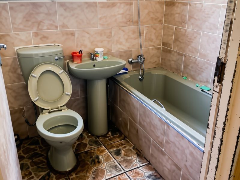 A dated bathroom featuring a pedestal basin, toilet, and bathtub with tiled finishes, requiring cosmetic updates to the fixtures and window frame.