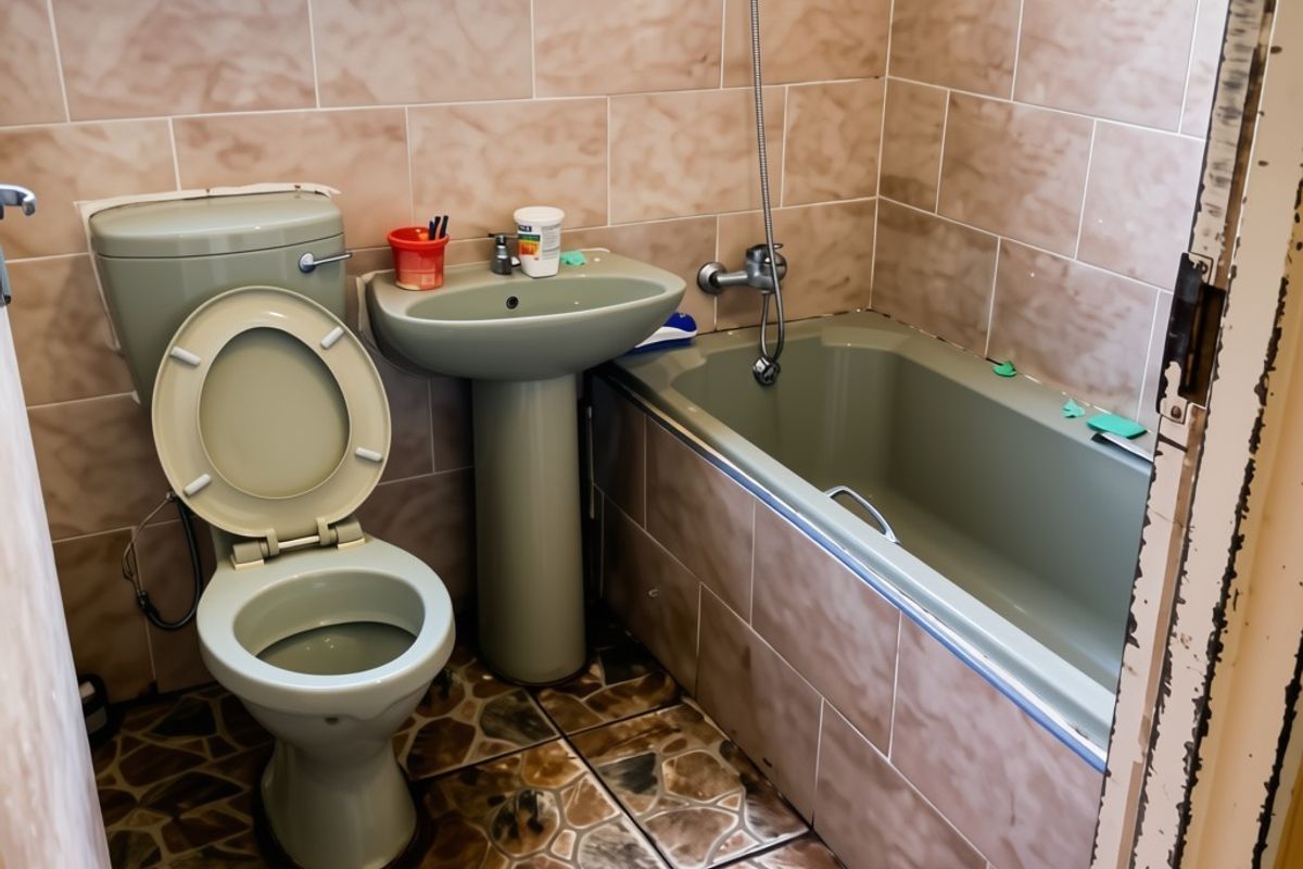 A dated bathroom featuring a pedestal basin, toilet, and bathtub with tiled finishes, requiring cosmetic updates to the fixtures and window frame.