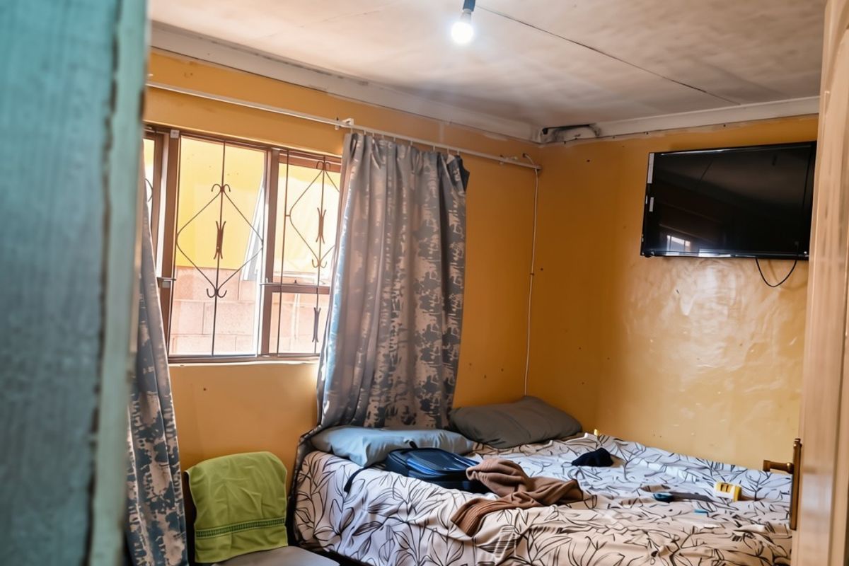 A compact bedroom featuring tiled flooring, security bars on the window, and a wall-mounted television, requiring cosmetic updates to improve the overall finish.