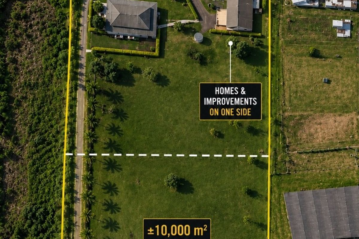 Aerial view of a large small holding property featuring a palm-lined driveway, gated entrances, and multiple residential dwellings set on expansive grounds.