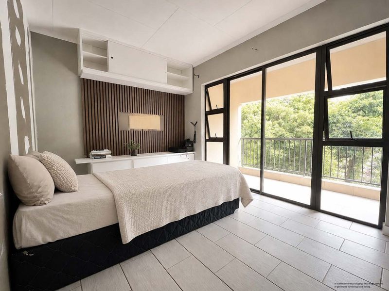 Bedroom featuring slatted timber wall paneling, built-in cabinetry, and large aluminium sliding doors opening onto a private balcony.