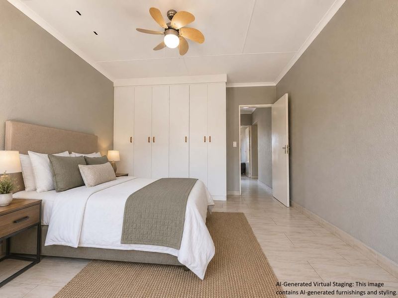 A well-maintained bedroom featuring built-in cupboards, tiled flooring, and a ceiling fan, offering a clean and neutral living space.