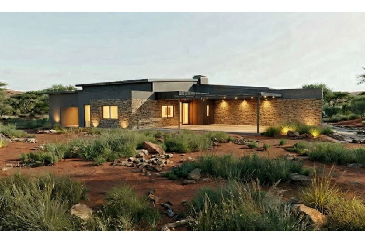 A modern architectural rendering of a residential property featuring stone cladding, a covered patio, and integrated lighting set in a natural landscape.