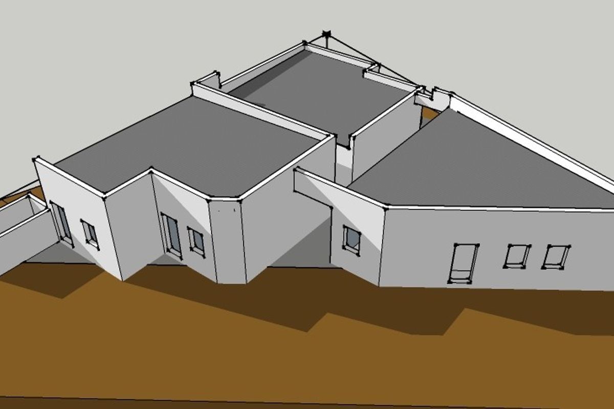 A 3D architectural rendering showing the roof structure and exterior layout of the residential property.