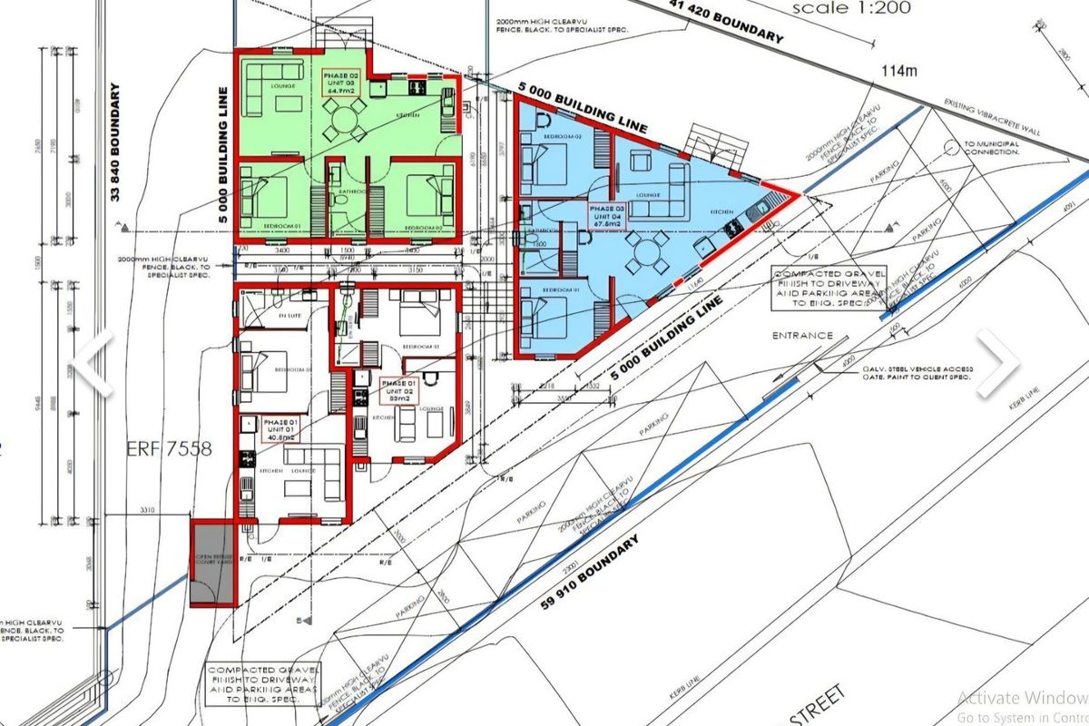 Architectural site plan for Erf 7558 showing building footprints, parking layout, boundary lines, and access points for the residential development.