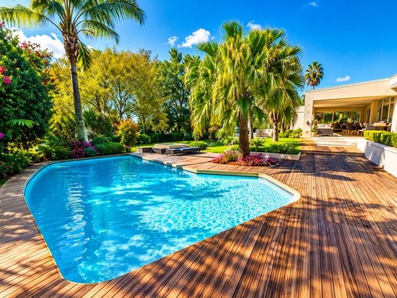 A beautifully landscaped outdoor pool area featuring extensive timber decking, a clear swimming pool, and lush garden surroundings with mature palm trees.