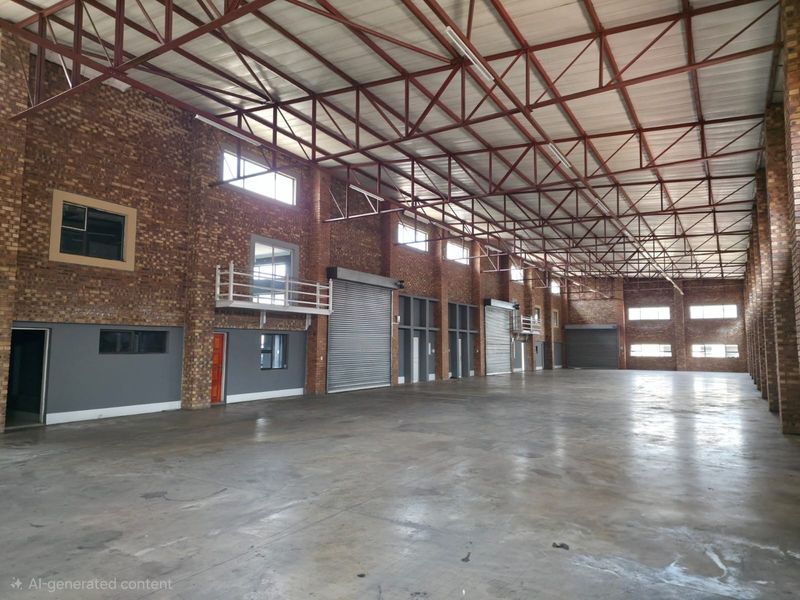 Spacious industrial warehouse featuring high ceilings with exposed steel trusses, concrete flooring, multiple roller shutter doors, and a mezzanine level.