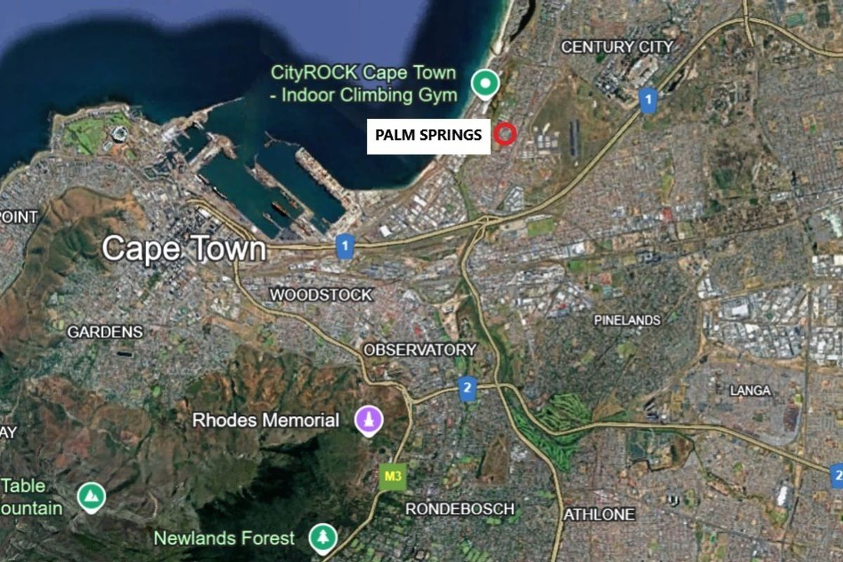 An aerial map view showing the location of the Palm Springs property in relation to Cape Town landmarks and surrounding suburbs.