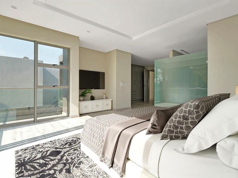 Modern bedroom featuring large sliding glass doors, recessed ceiling lighting, built-in cupboards, and a contemporary frosted glass partition wall.