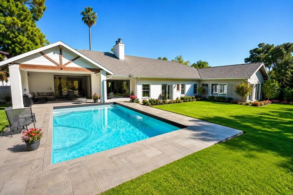 A well-maintained rear exterior featuring a sparkling swimming pool, a spacious covered patio area, and a manicured lawn.