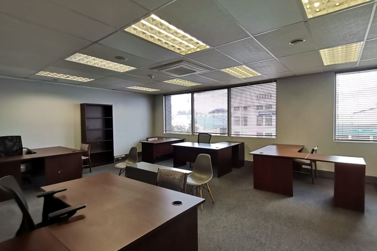 Spacious open-plan office area featuring suspended ceilings, recessed lighting, carpeted flooring, and large windows with venetian blinds.