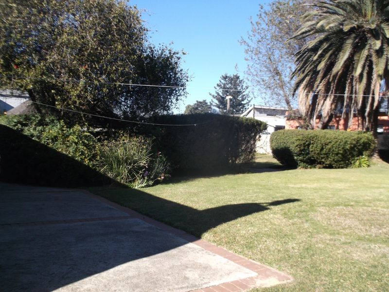 A spacious backyard featuring a well-maintained lawn, concrete patio area with brick edging, and established garden landscaping with mature trees and hedges.