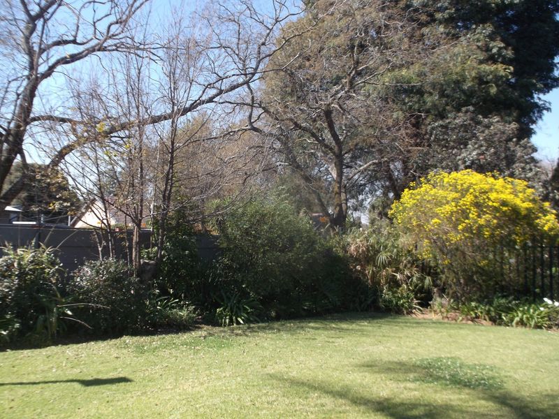 A well-maintained private garden featuring a lush green lawn, mature trees, and established perimeter landscaping.