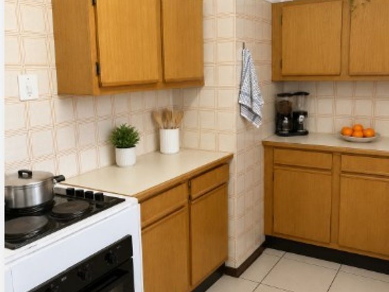 A functional kitchen featuring wooden cabinetry, laminate countertops, ceramic tile backsplash, and tiled flooring, equipped with a standard electric stove and oven.