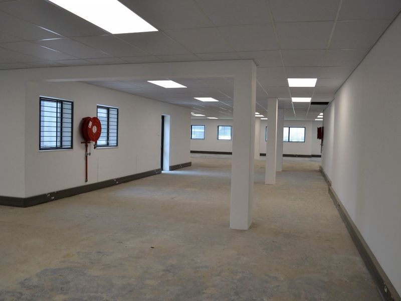 Spacious open-plan commercial office area featuring a suspended ceiling, recessed lighting, security bars on windows, and fire safety equipment.