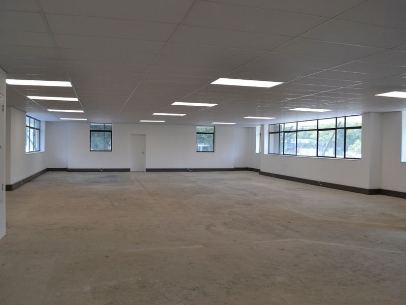 A spacious, open-plan commercial office area featuring a suspended ceiling, recessed lighting, and large windows providing ample natural light.