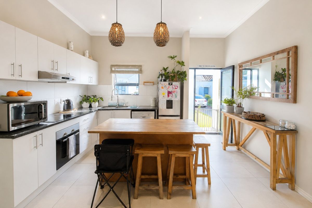 Modern kitchen featuring white cabinetry, dark countertops, integrated oven and hob, and a central wooden island with breakfast seating.
