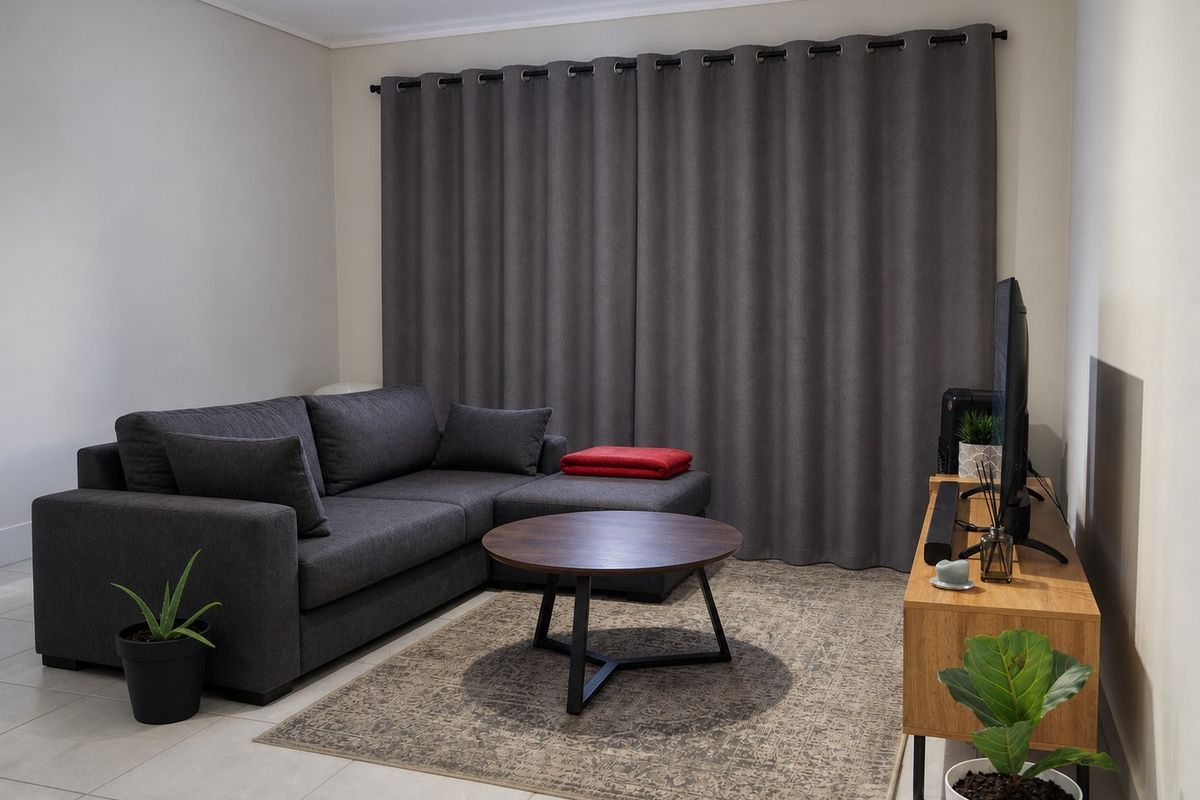 A well-maintained living room featuring neutral tiled flooring and full-length window curtains, providing a clean and functional space.