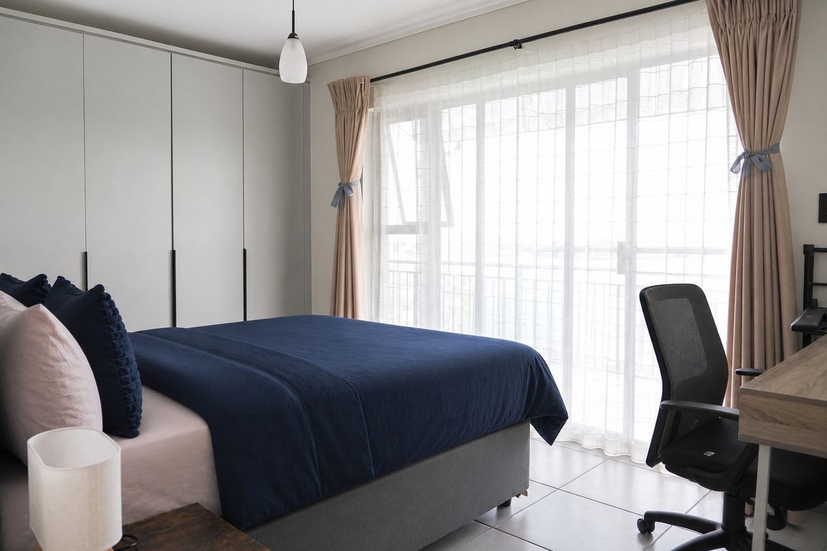 A well-maintained bedroom featuring built-in cupboards, tiled flooring, and a large sliding glass door providing natural light and access to a balcony.