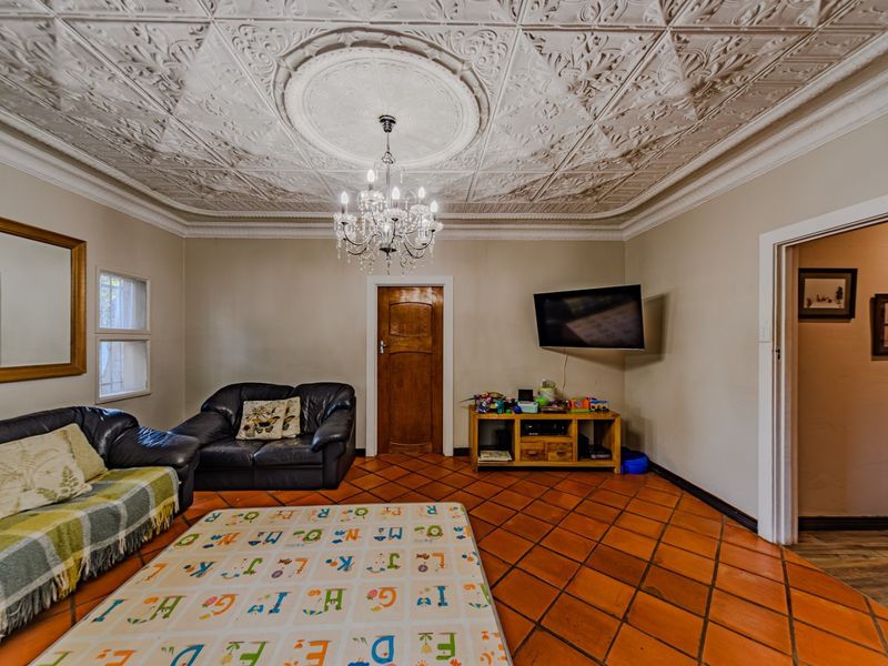 A living room featuring a distinctive ornate pressed metal ceiling, terracotta tile flooring, and classic crown molding details.