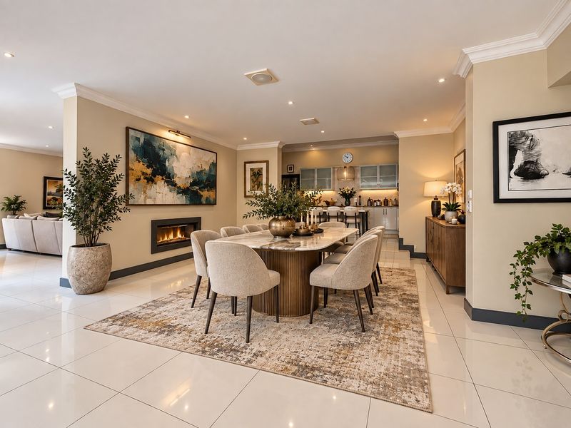Spacious open-plan dining and living area featuring polished tile floors, a modern built-in fireplace, and a seamless transition to the kitchen.