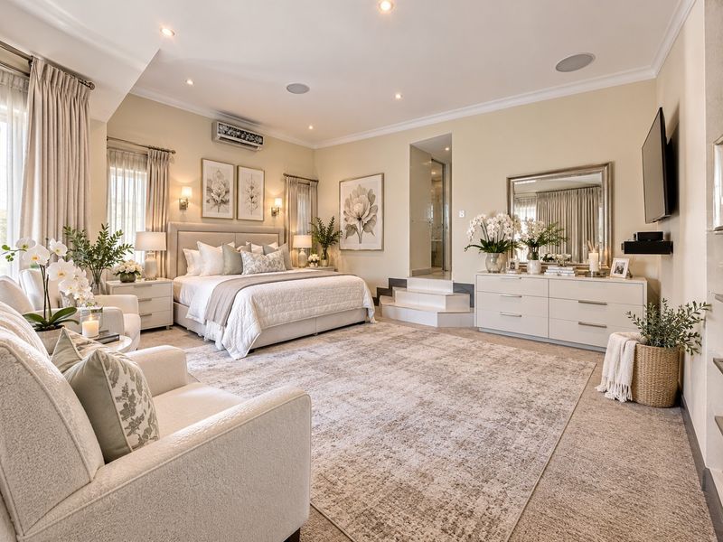 Spacious master bedroom featuring neutral tones, recessed lighting, integrated ceiling speakers, split-system air conditioning, and a raised platform leading to an en-suite area.