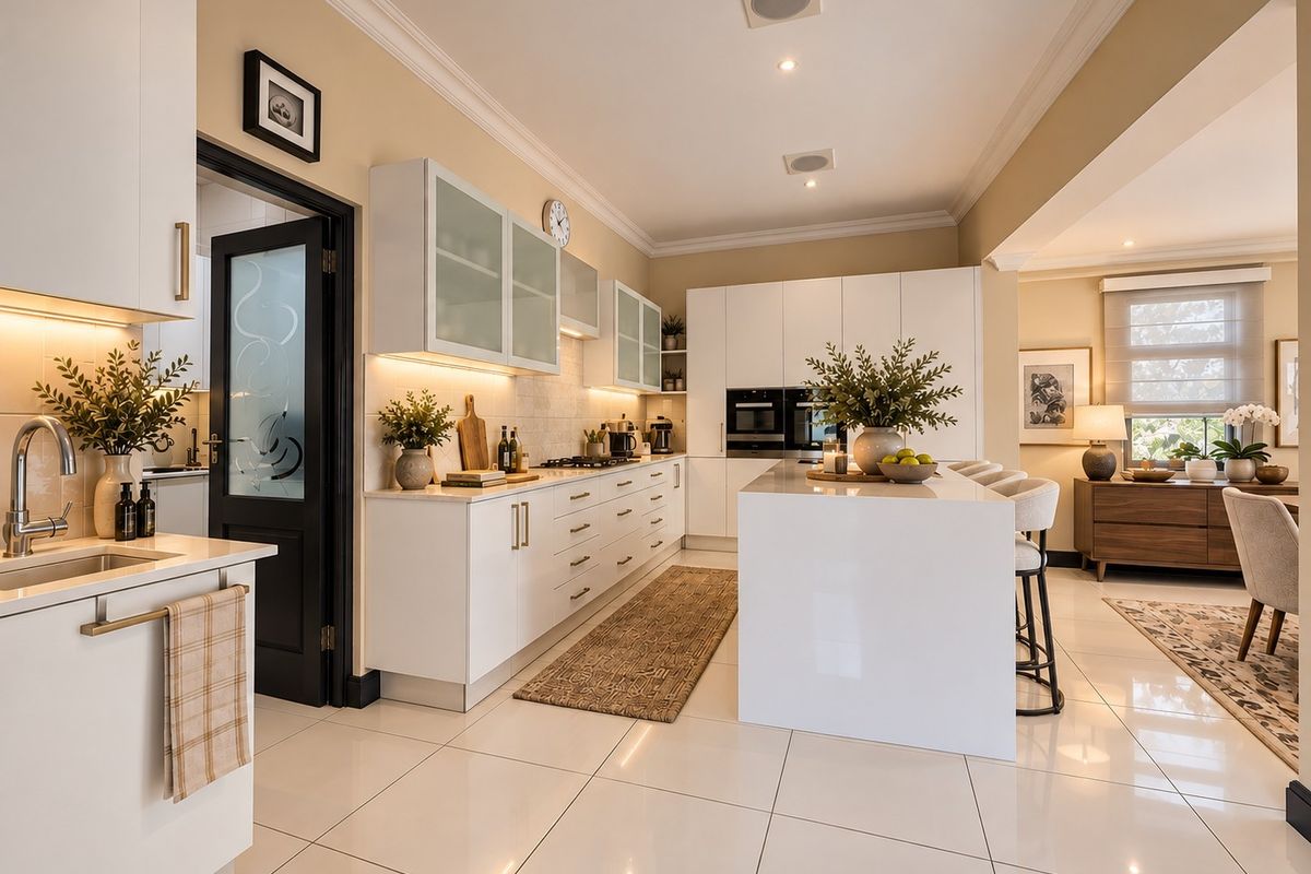 Modern, well-appointed kitchen featuring a central island, sleek white cabinetry, integrated appliances, and polished tile flooring, seamlessly flowing into the adjacent living area.