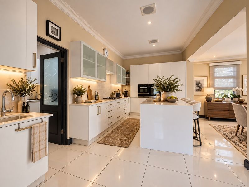 Modern, well-appointed kitchen featuring a central island, sleek white cabinetry, integrated appliances, and polished tile flooring, seamlessly flowing into the adjacent living area.