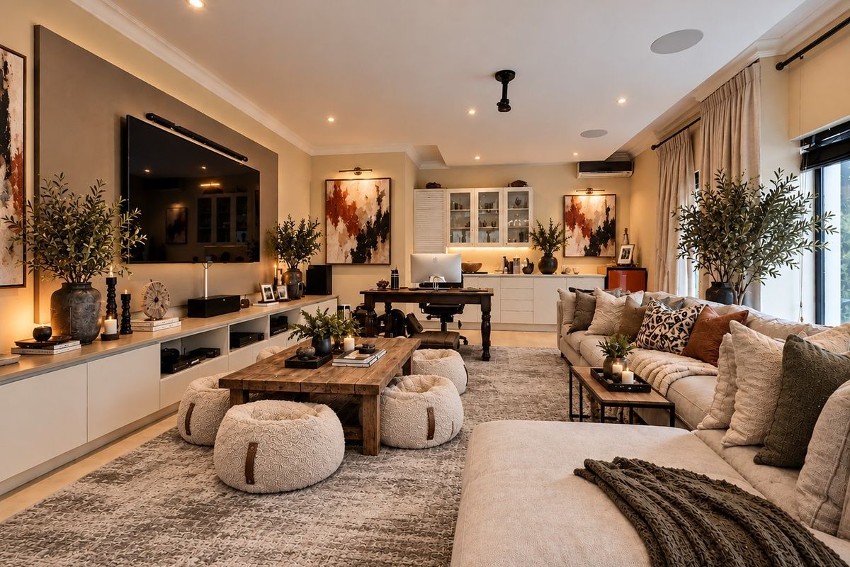 A spacious and well-appointed living room featuring custom built-in cabinetry, recessed lighting, integrated ceiling speakers, and a dedicated home office nook.