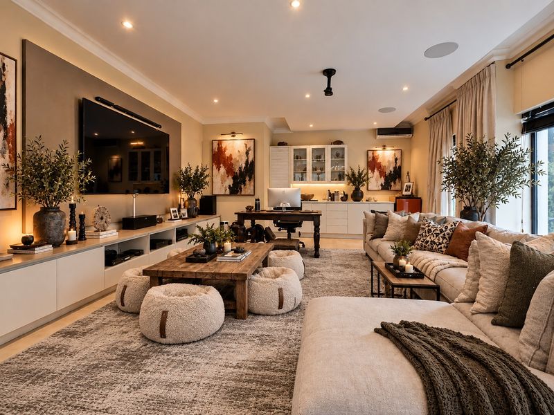 A spacious and well-appointed living room featuring custom built-in cabinetry, recessed lighting, integrated ceiling speakers, and a dedicated home office nook.