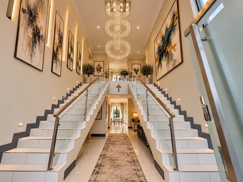 Grand entrance hall featuring a symmetrical dual staircase with glass balustrades, polished tile flooring, and elegant recessed wall lighting.