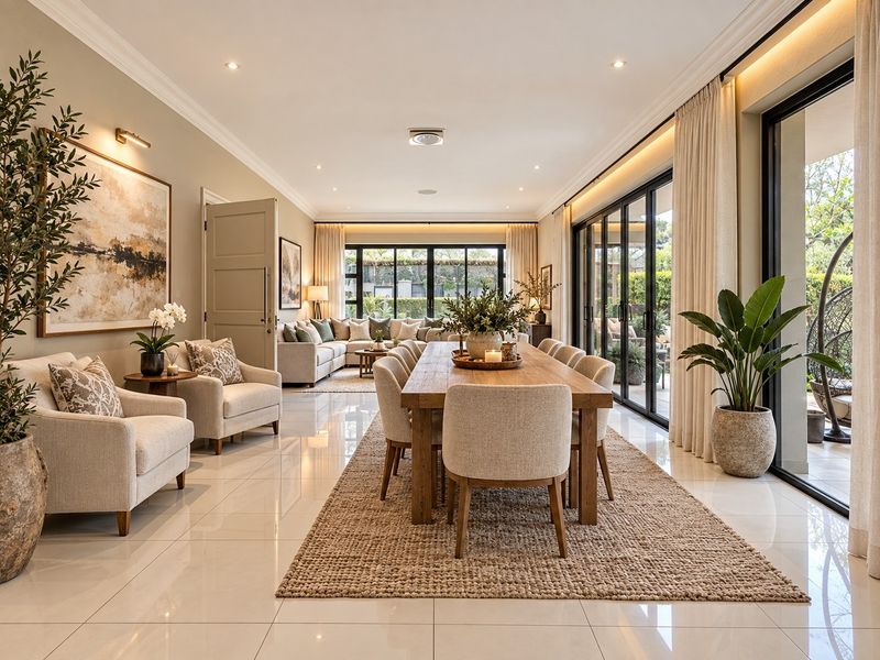 Spacious open-plan living and dining area featuring large format floor tiles, recessed lighting, and expansive aluminium stacking doors leading to the outdoor patio.
