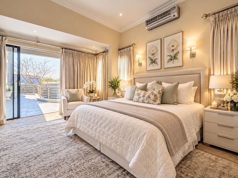 Spacious bedroom featuring neutral tones, recessed lighting, a wall-mounted air conditioner, and direct access to a private balcony through sliding glass doors.