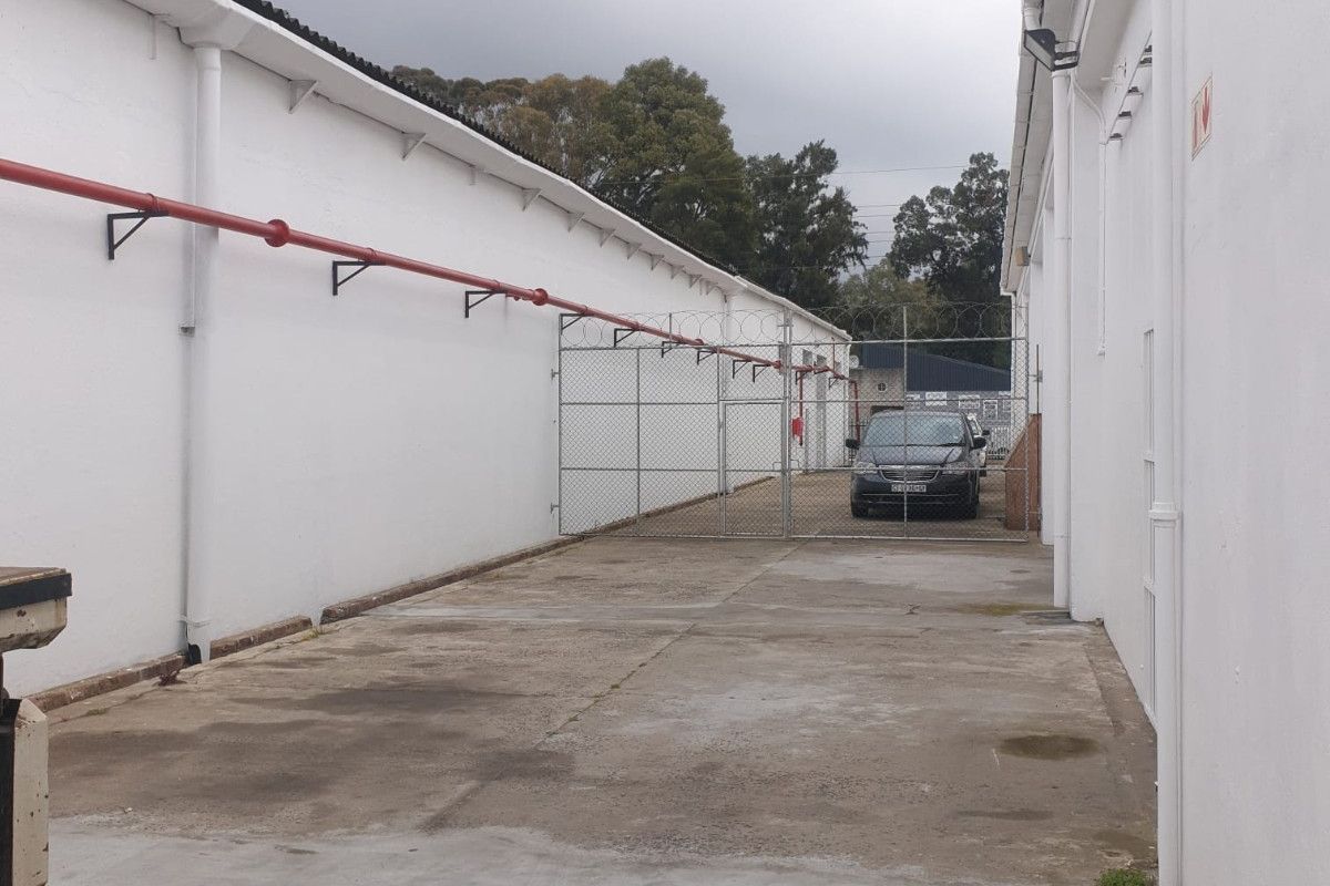 Industrial exterior side passage featuring concrete paving, perimeter security fencing with razor wire, and external fire suppression piping along the building wall.