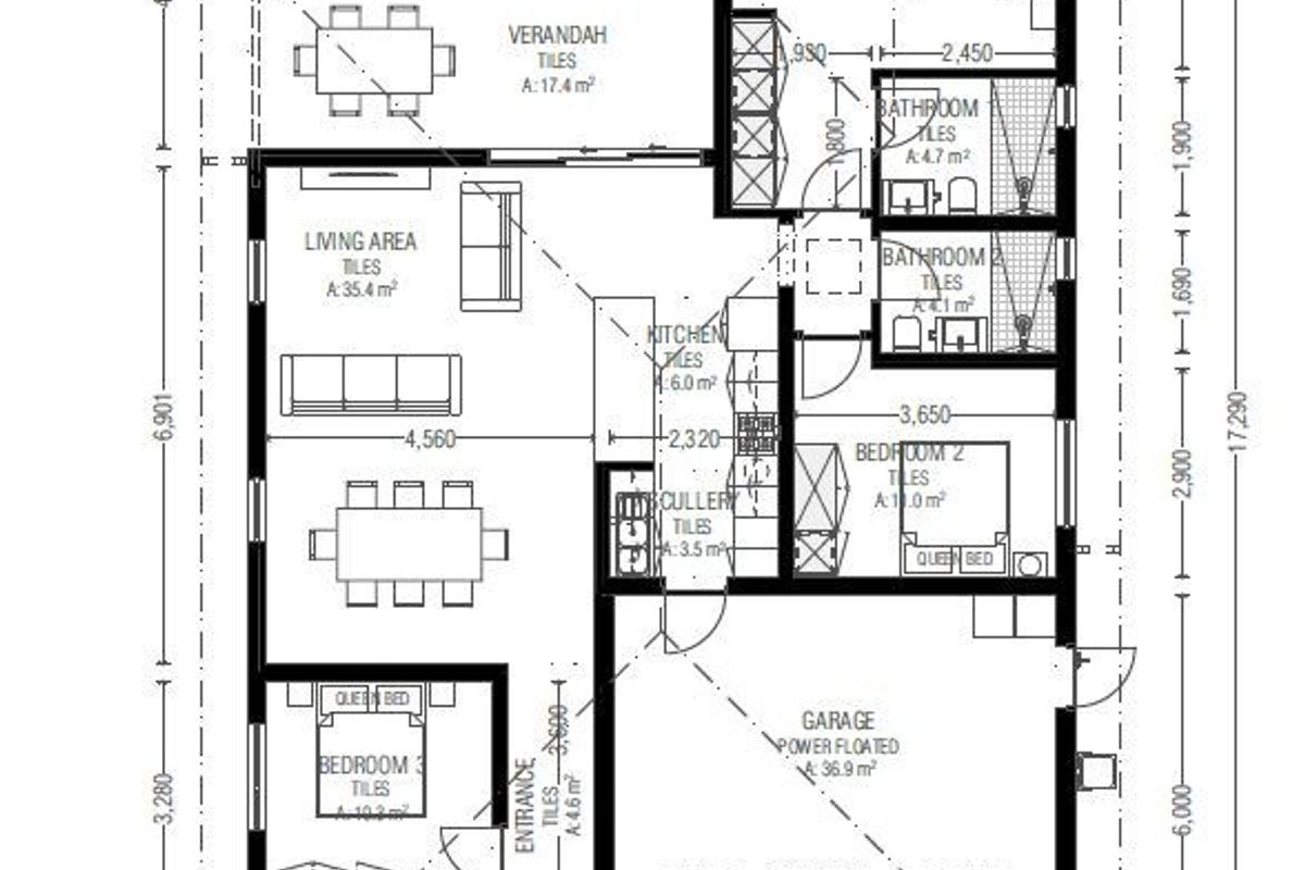 A detailed architectural floor plan showing the layout of a three-bedroom townhouse with an open-plan living area, kitchen, scullery, and double garage.