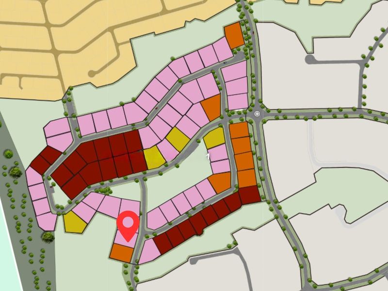 A site development plan showing the layout of residential plots within the estate, with a red marker indicating the specific property location.