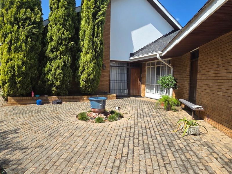 A well-maintained rear courtyard featuring brick paving, established cypress trees, and a central decorative feature, providing a private outdoor living space.
