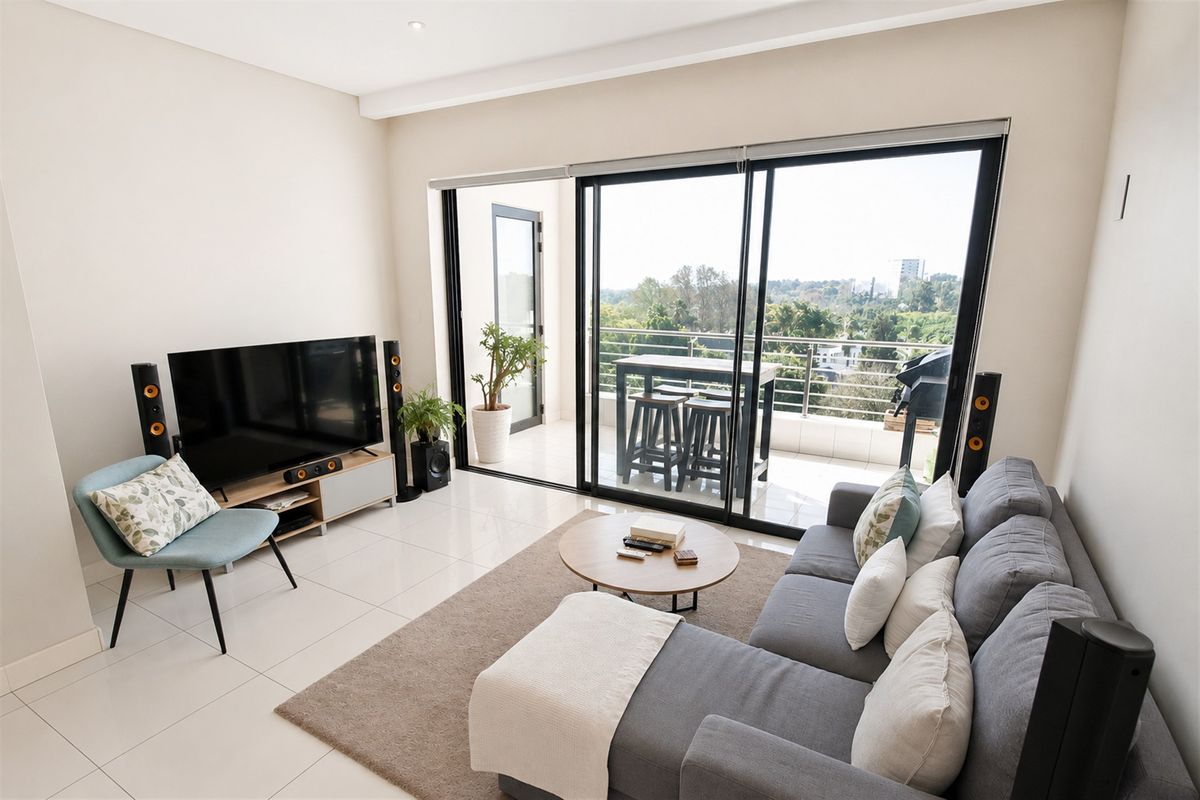 A bright and modern living room featuring large sliding glass doors that open onto a balcony, providing ample natural light and outdoor access.