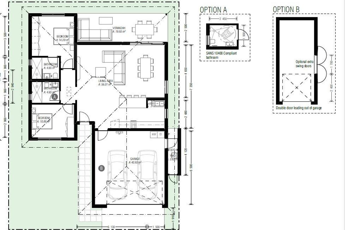 Architectural floor plan for a townhouse featuring a living area, bedrooms, bathrooms, garage, and verandah with optional layout configurations.