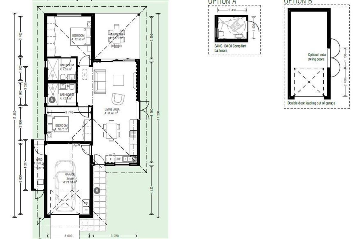 Architectural floor plan for a townhouse unit featuring two bedrooms, two bathrooms, an open-plan living area, a single garage, and a veranda.