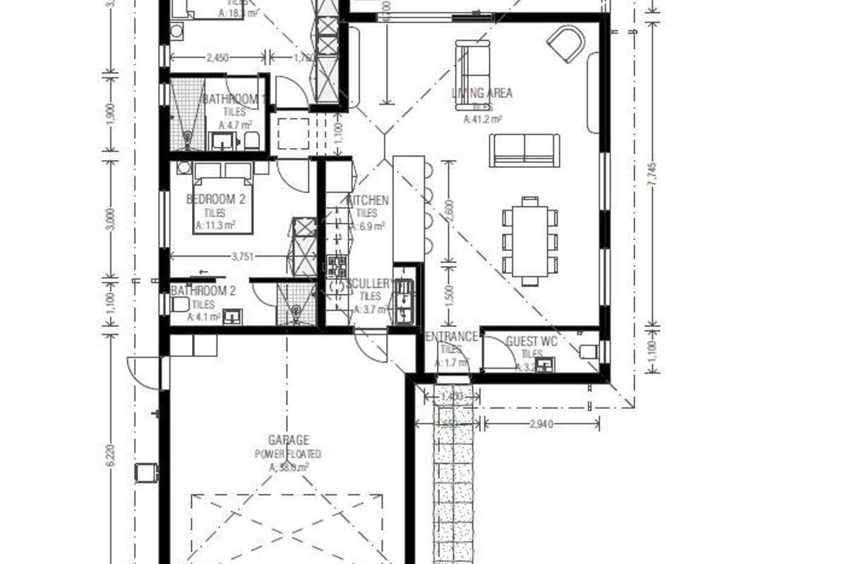 Architectural floor plan showing a townhouse layout with two bedrooms, two bathrooms, open-plan living area, kitchen, scullery, and a garage.