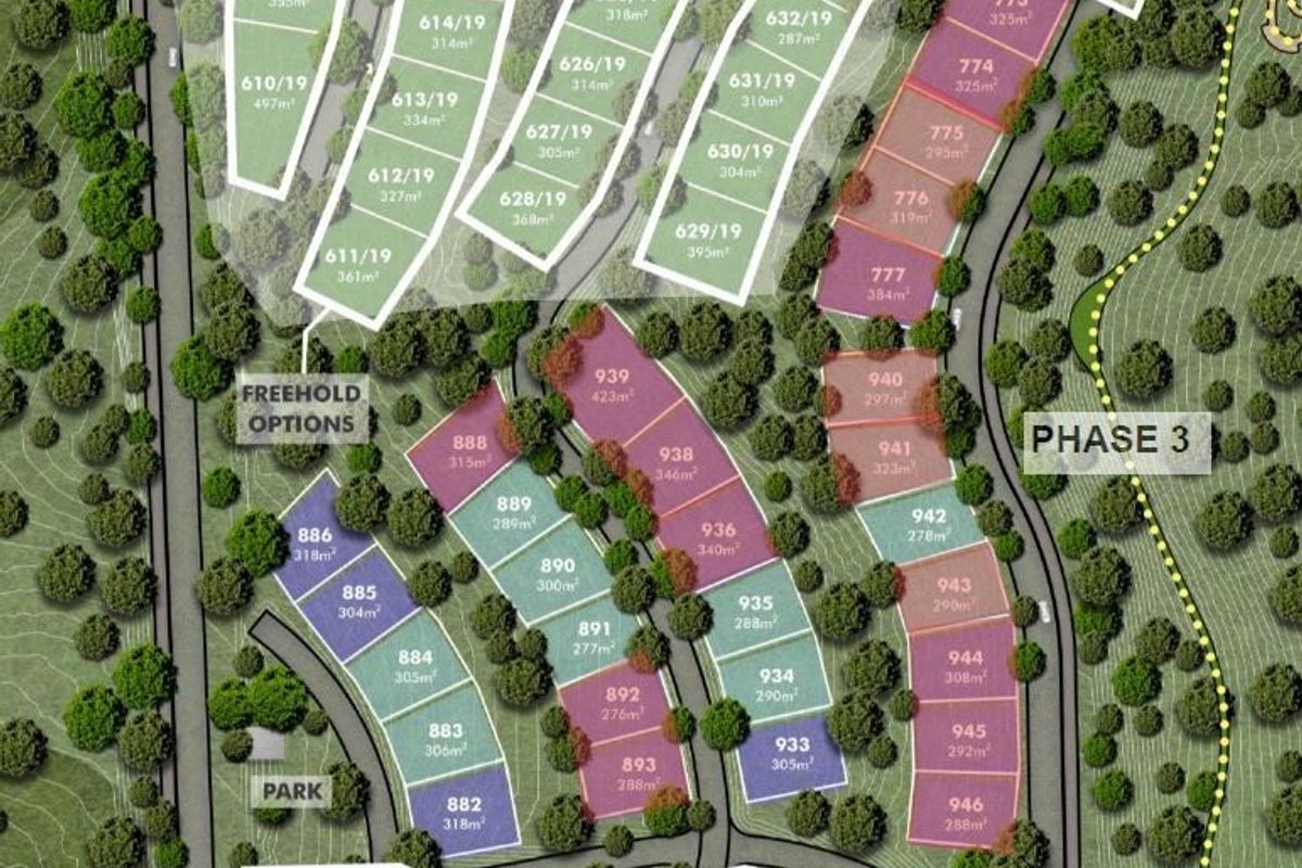 A detailed site layout plan showing individual property plots, park areas, and phase development boundaries within the residential estate.