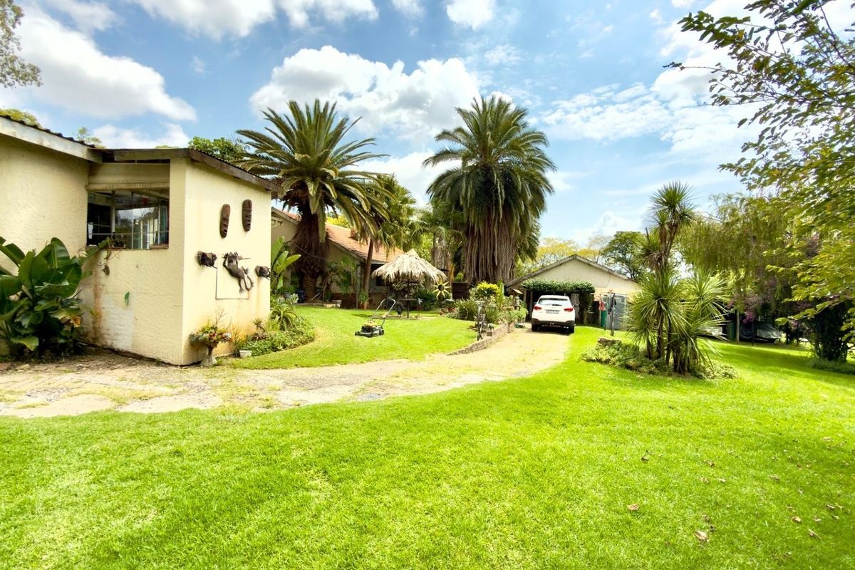 Spacious rear garden featuring a paved driveway, mature palm trees, and a detached garage, offering ample outdoor space.